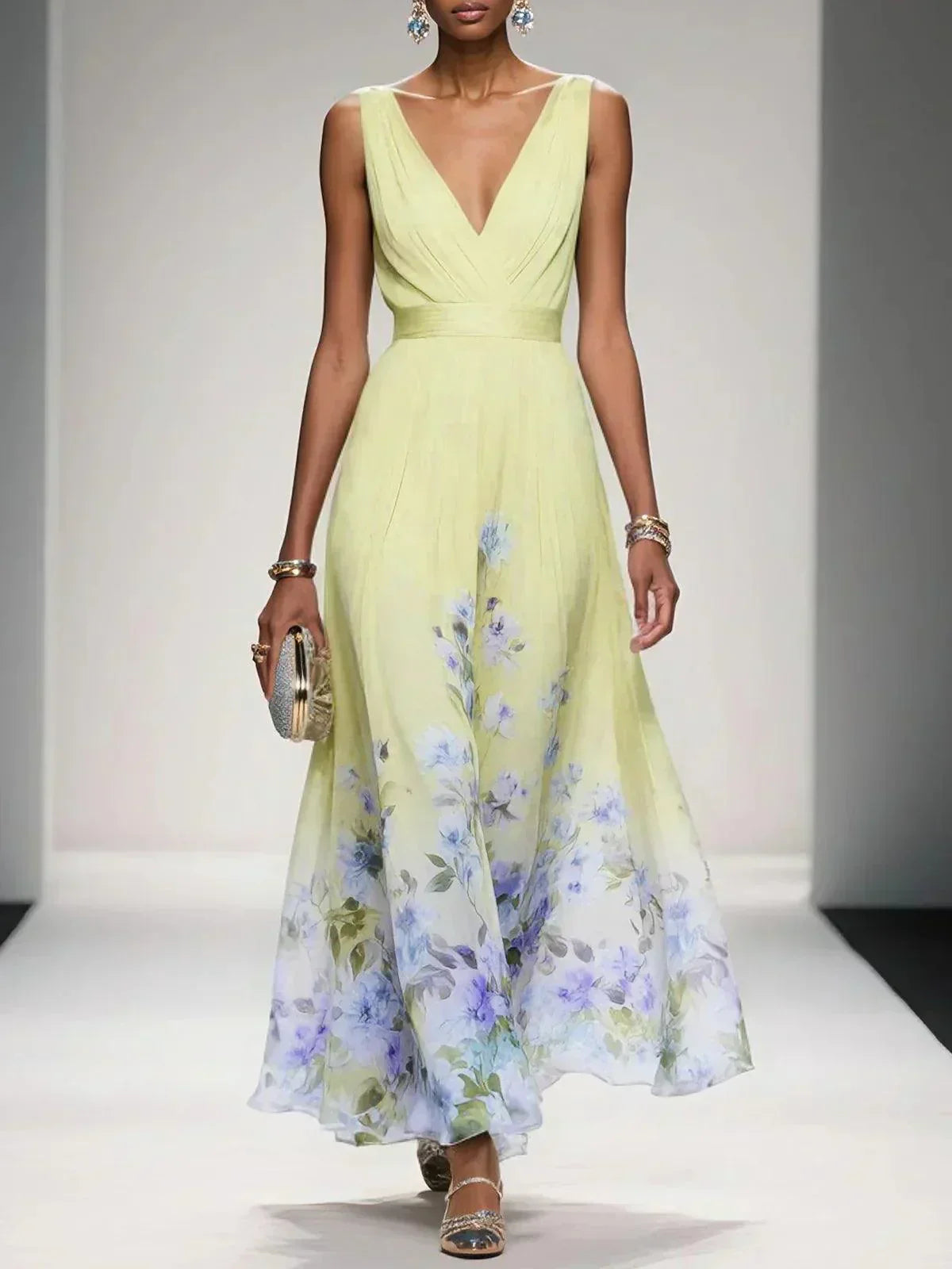 Rosa | Robe Maxi en Chiffon Floral V Bleu Clair