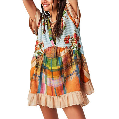 Robe Bohémienne Col V - Élégance Intemporelle