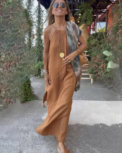 Brynn - Robe Maxi en Coton et Lin avec Décolleté Halter pour Femmes