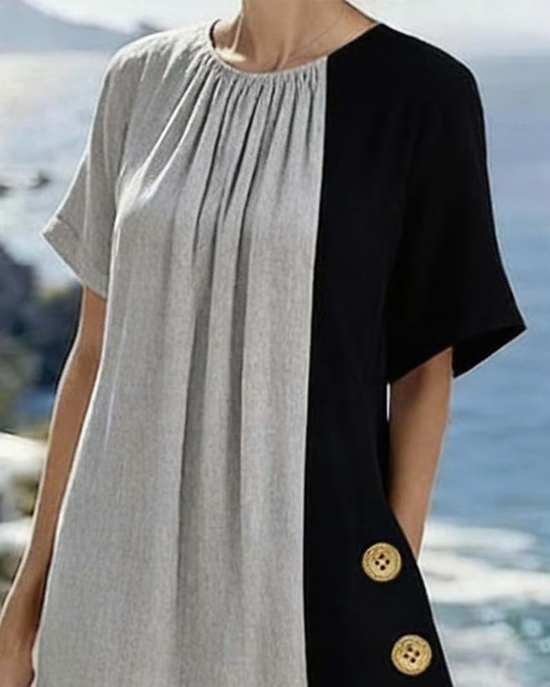 Robe longue décontractée avec col rond et couleur contrastante
