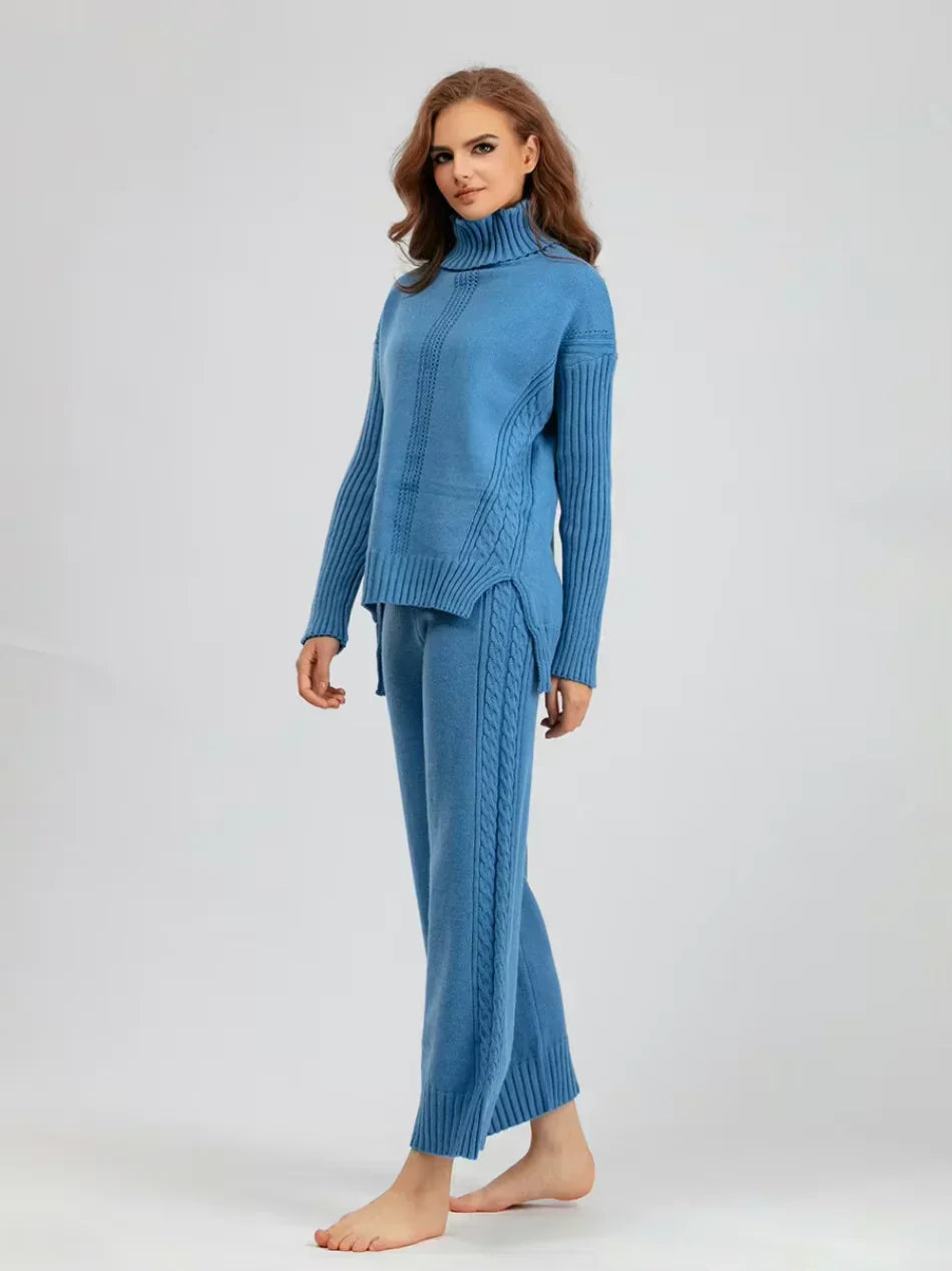 Scarlett - Ensemble de Pull Tricoté à Col Montant Chic et Pantalons Amples