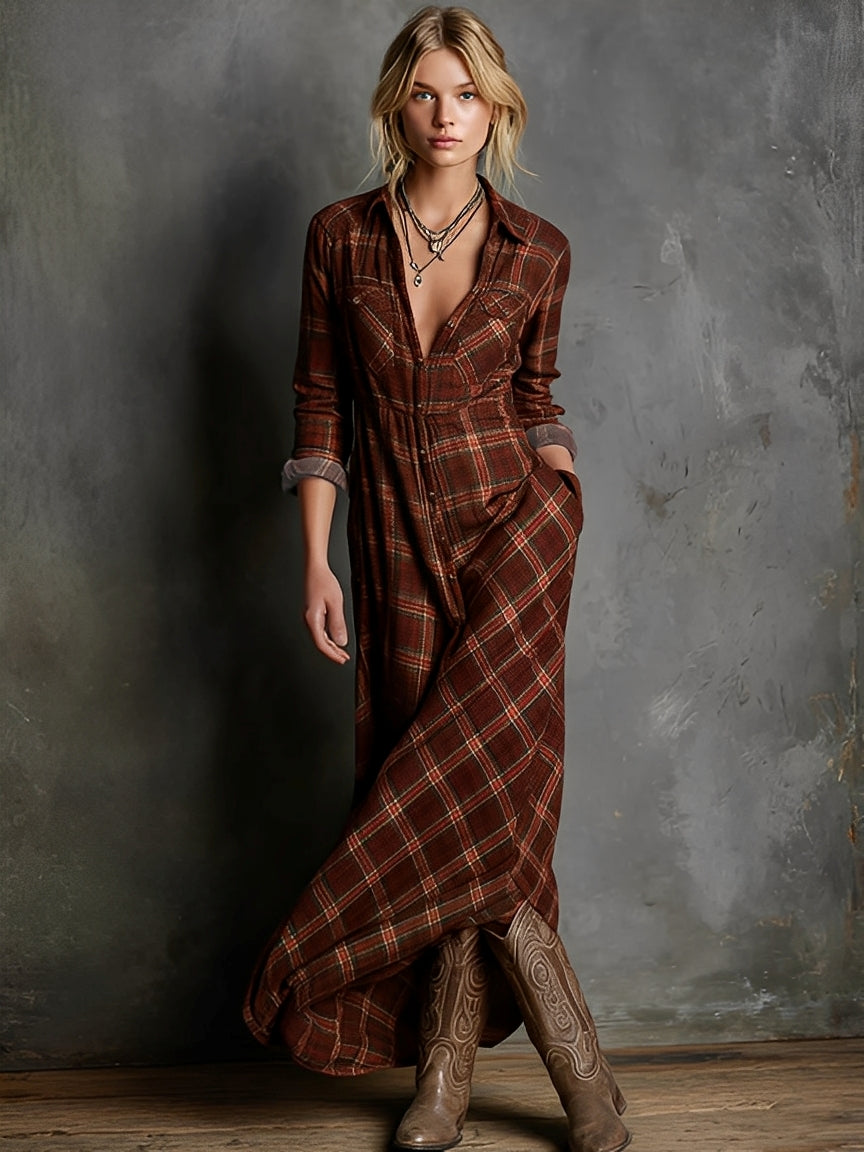 Émilien - Robe longue à col à carreaux pour femmes