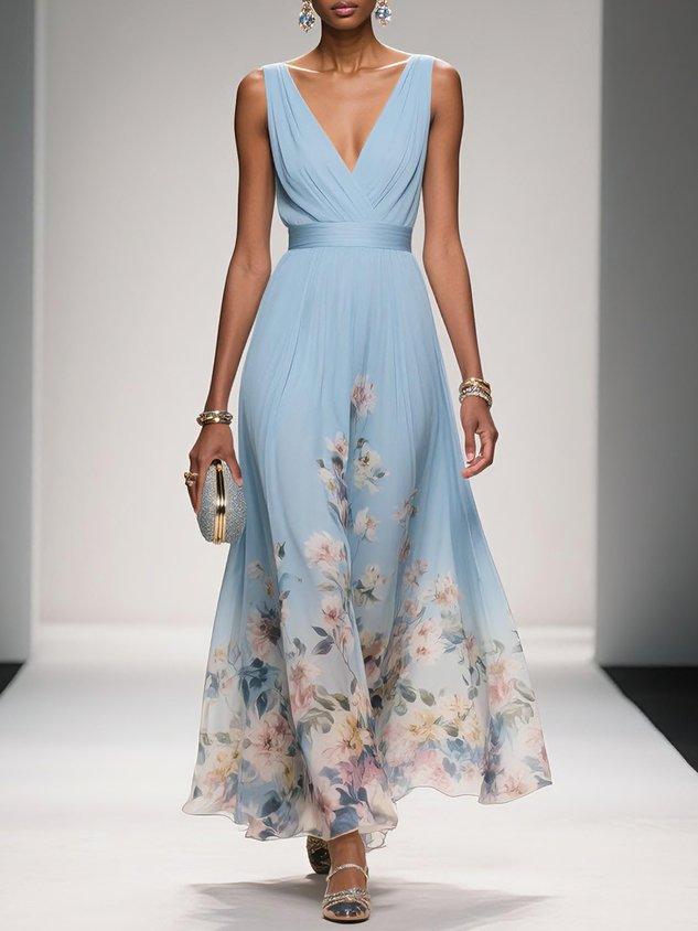 Rosa | Robe Maxi en Chiffon Floral V Bleu Clair