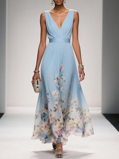 Rosa | Robe Maxi en Chiffon Floral V Bleu Clair