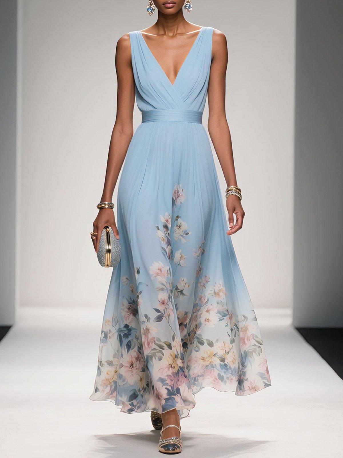 Rosa | Robe Maxi en Chiffon Floral V Bleu Clair