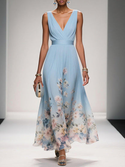 Rosa | Robe Maxi en Chiffon Floral V Bleu Clair