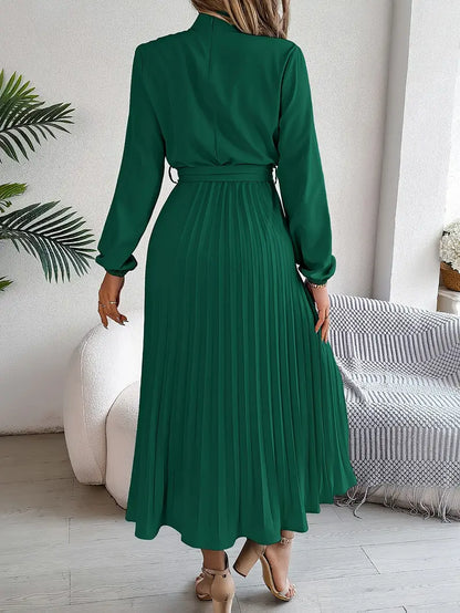 Robe Midi Plissée à Manches Longues pour Femmes avec Ceinture