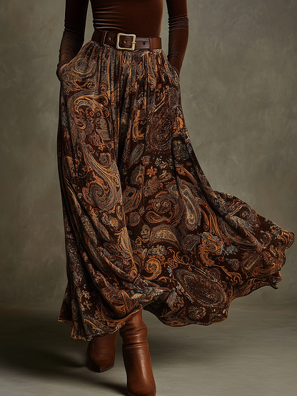 Ensemble top en velours stretch vintage et jupe maxi paisley avec ceinture