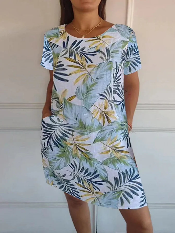 Robe d'été imprimée en coton et lin pour femmes avec poches