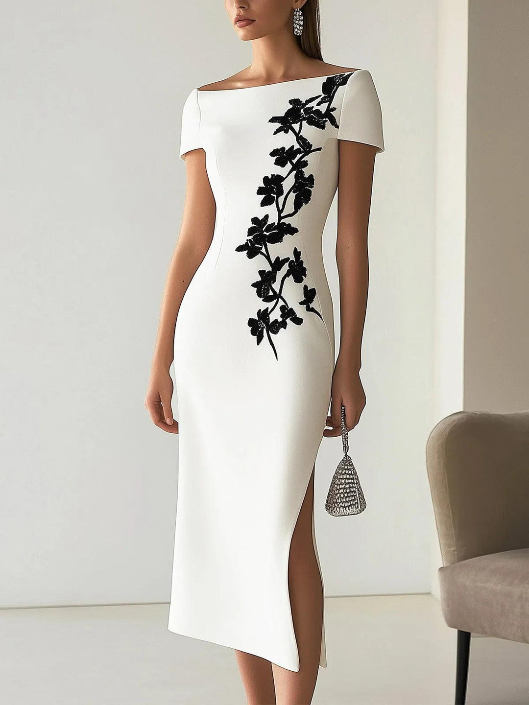 Audrey | Robe Midi à Imprimé Floral Chic avec Col Bateau