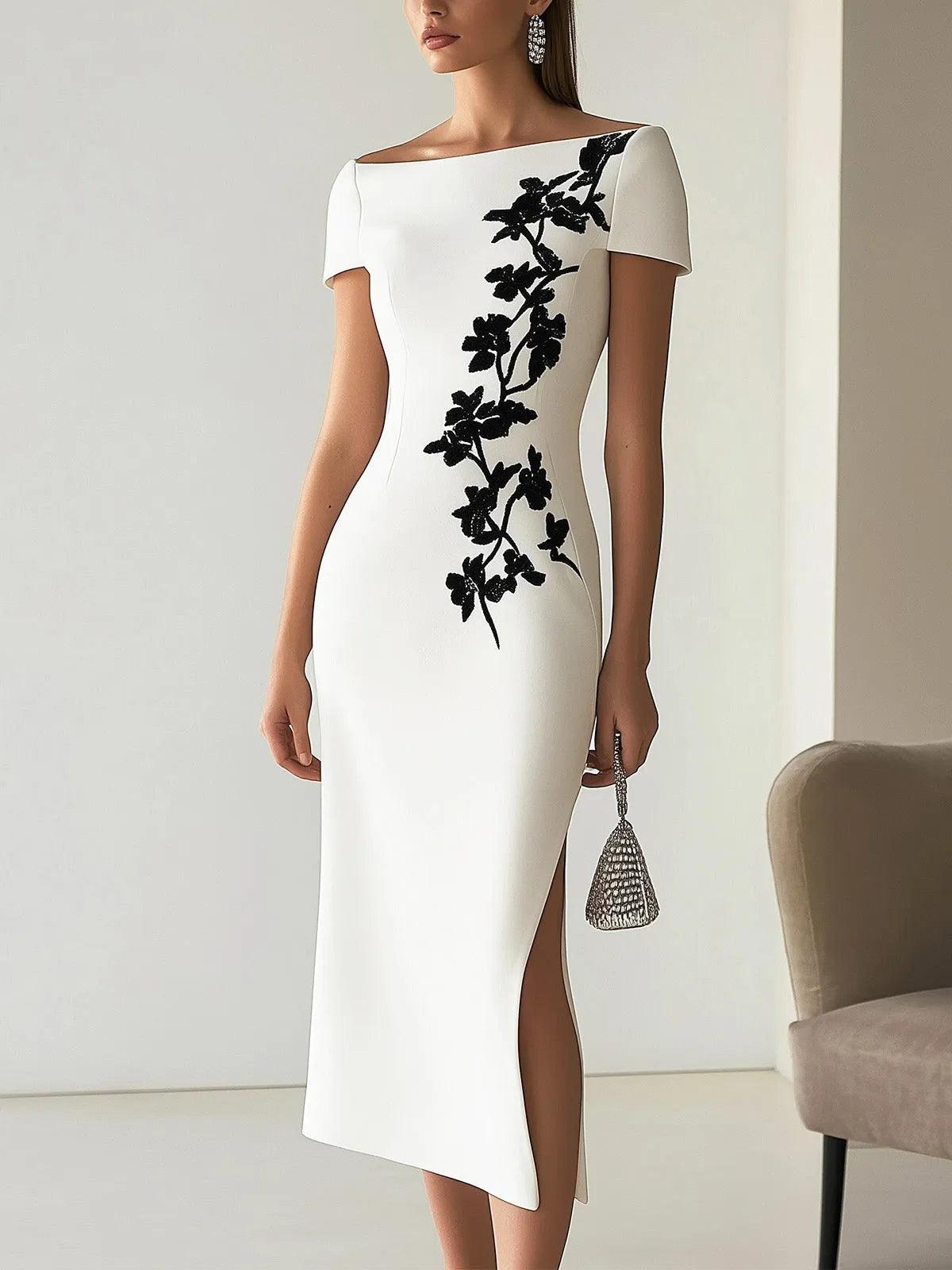 Audrey | Robe Midi à Imprimé Floral Chic avec Col Bateau
