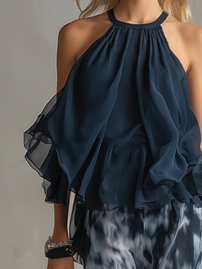 Ludovica | Top Halter Élégant Bleu Marine et Pantalons Amples Imprimés