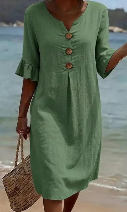 Vanesa | Robe en lin avec texture, manches bouffantes et boutons