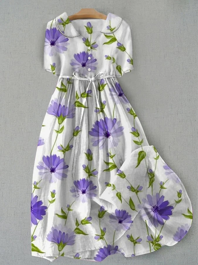 Sage - Robe Florale à Manches Mi-Longues avec Cordon Rétro