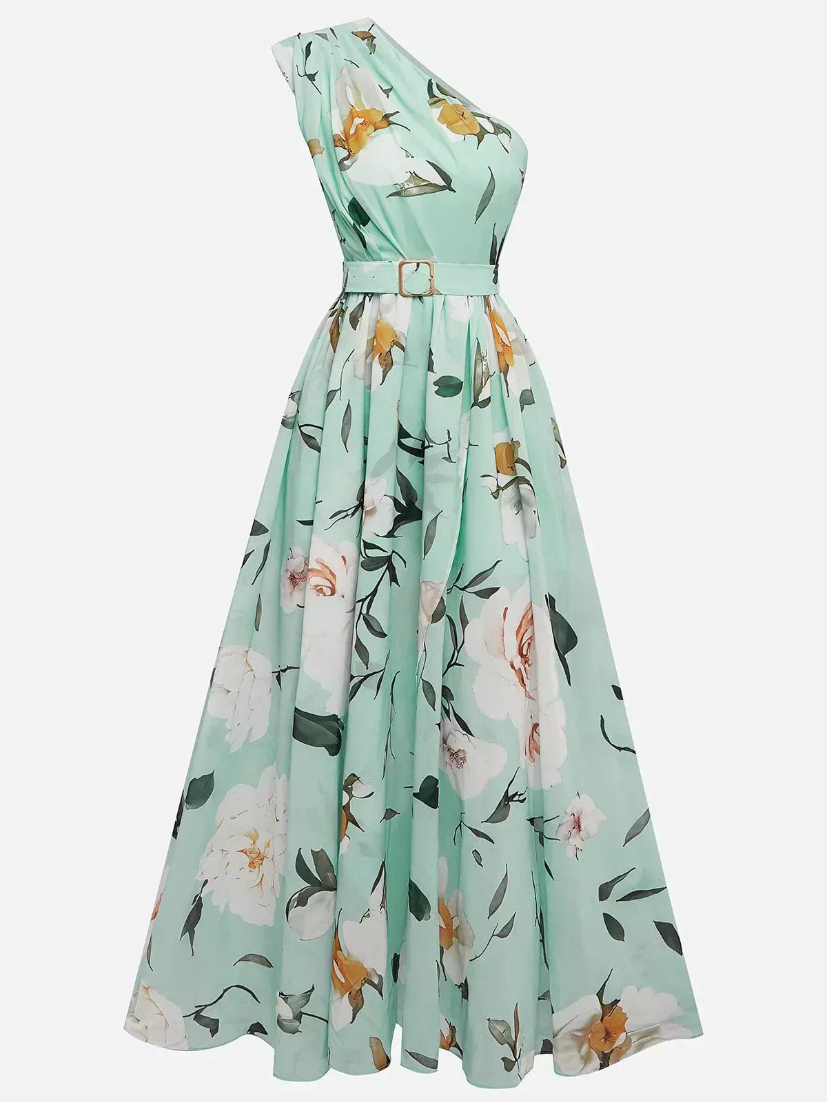 Julie | Robe Maxi en Chiffon Floral Vert Clair à Épaule Dénudée