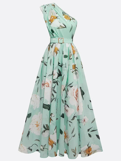 Julie | Robe Maxi en Chiffon Floral Vert Clair à Épaule Dénudée