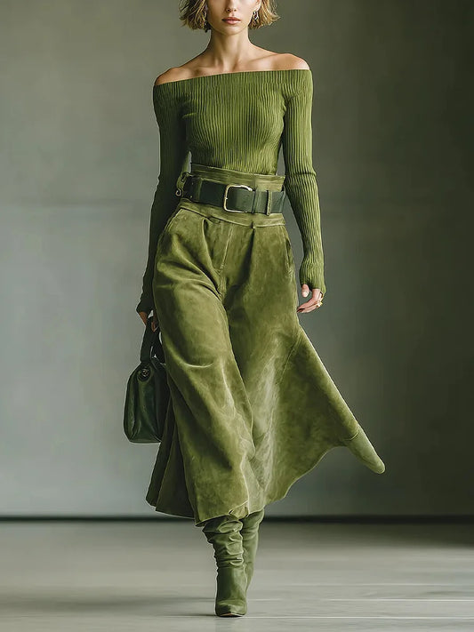 Ensemble top off-shoulder vert olive et jupe en daim (avec ceinture)