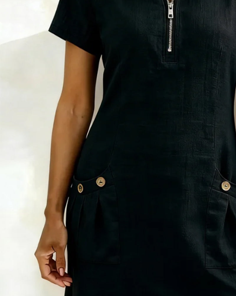 Robe Courte en Lin et Coton avec Fermeture Éclair - Coupe A-Line Élégante