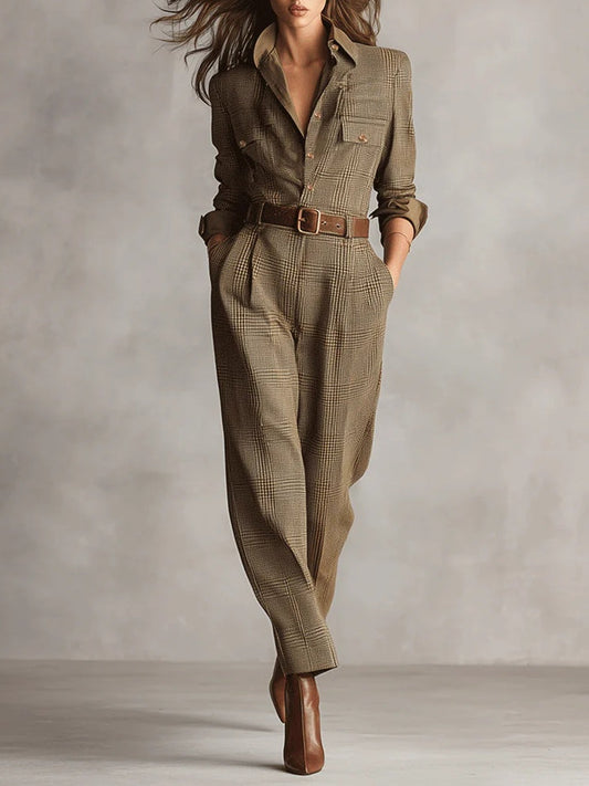 Alessia - Combinaison utilitaire en tweed marron à motif raffiné