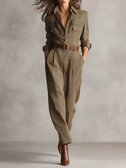 Alessia - Combinaison utilitaire en tweed marron avec motif raffiné