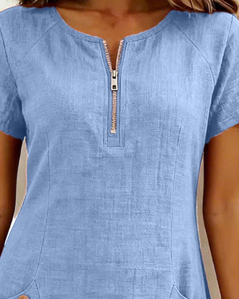 Robe Courte en Lin et Coton avec Fermeture Éclair - Coupe A-Line Élégante