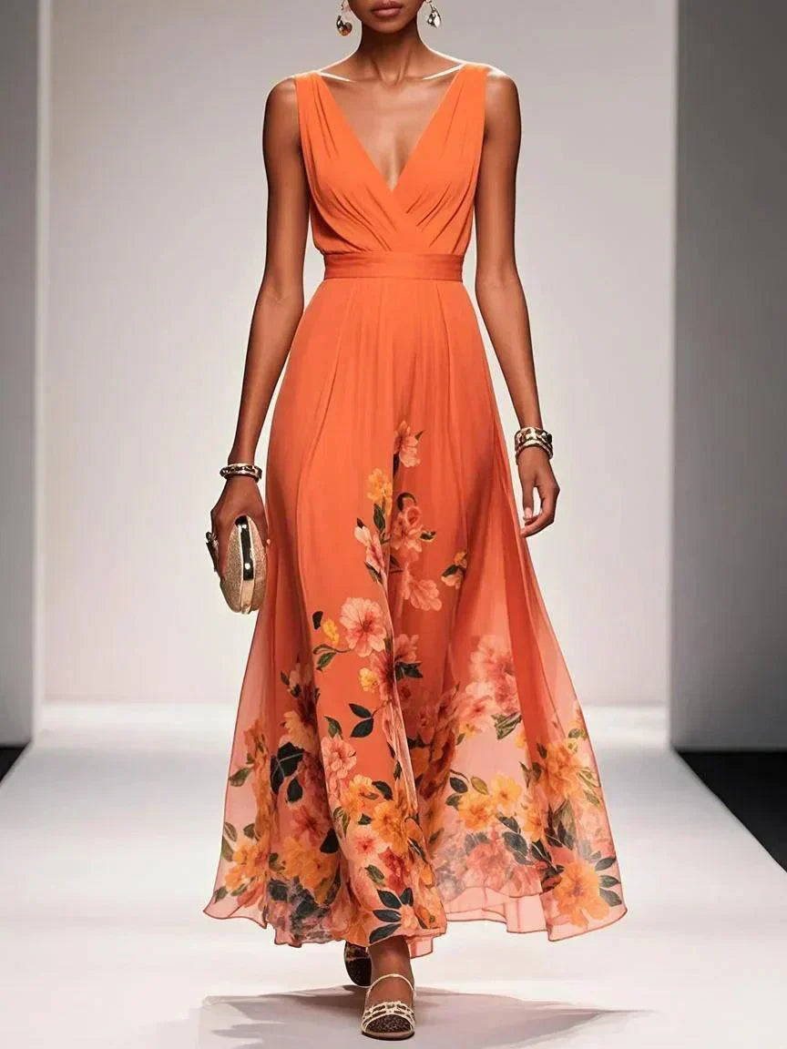 Rosa | Robe Maxi en Chiffon Floral V Bleu Clair