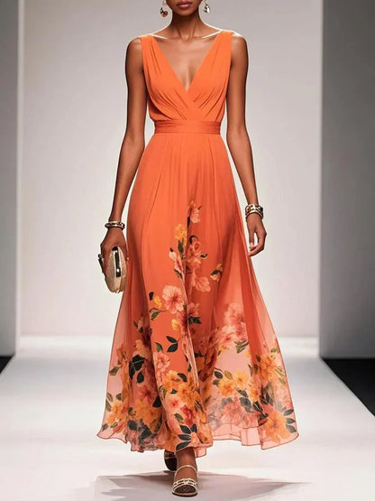 Rosa | Robe Maxi en Chiffon Floral V Bleu Clair