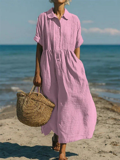Robe Chemise Midi en Coton Fluide - Élégance Décontractée pour Femme