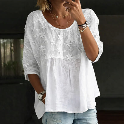Blouse Patchwork avec Fleurs Brodées – Design Bohème avec Broderie Détail