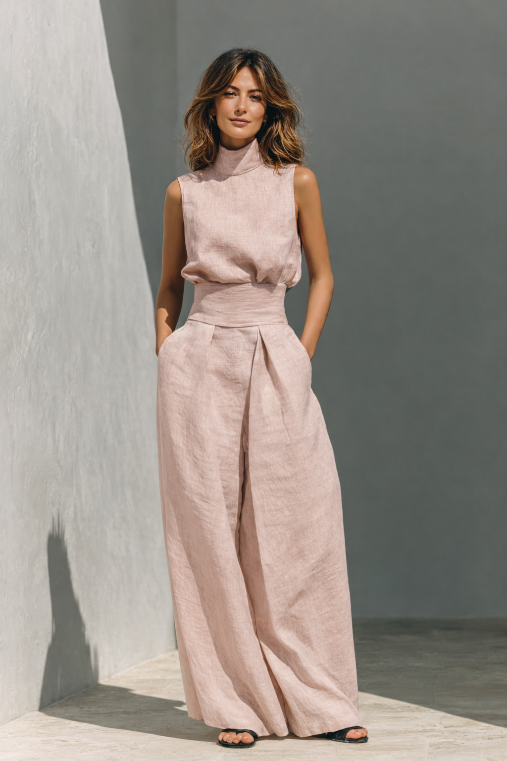 Maria - Ensemble de débardeur et pantalons larges en coton et lin minimaliste pour femme