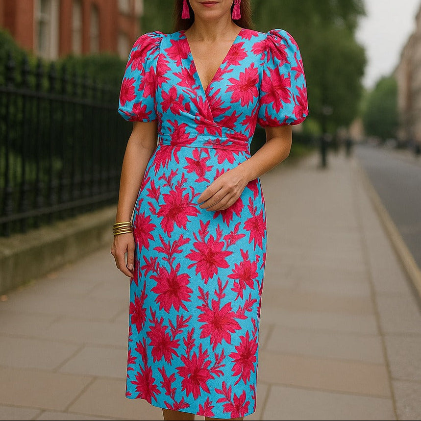 Robe Midi Élégante avec Manches Volumineuses