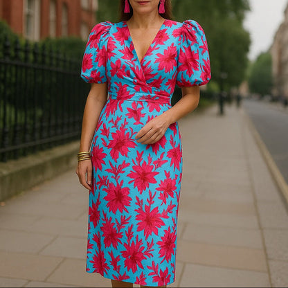 Robe Midi Élégante avec Manches Volumineuses