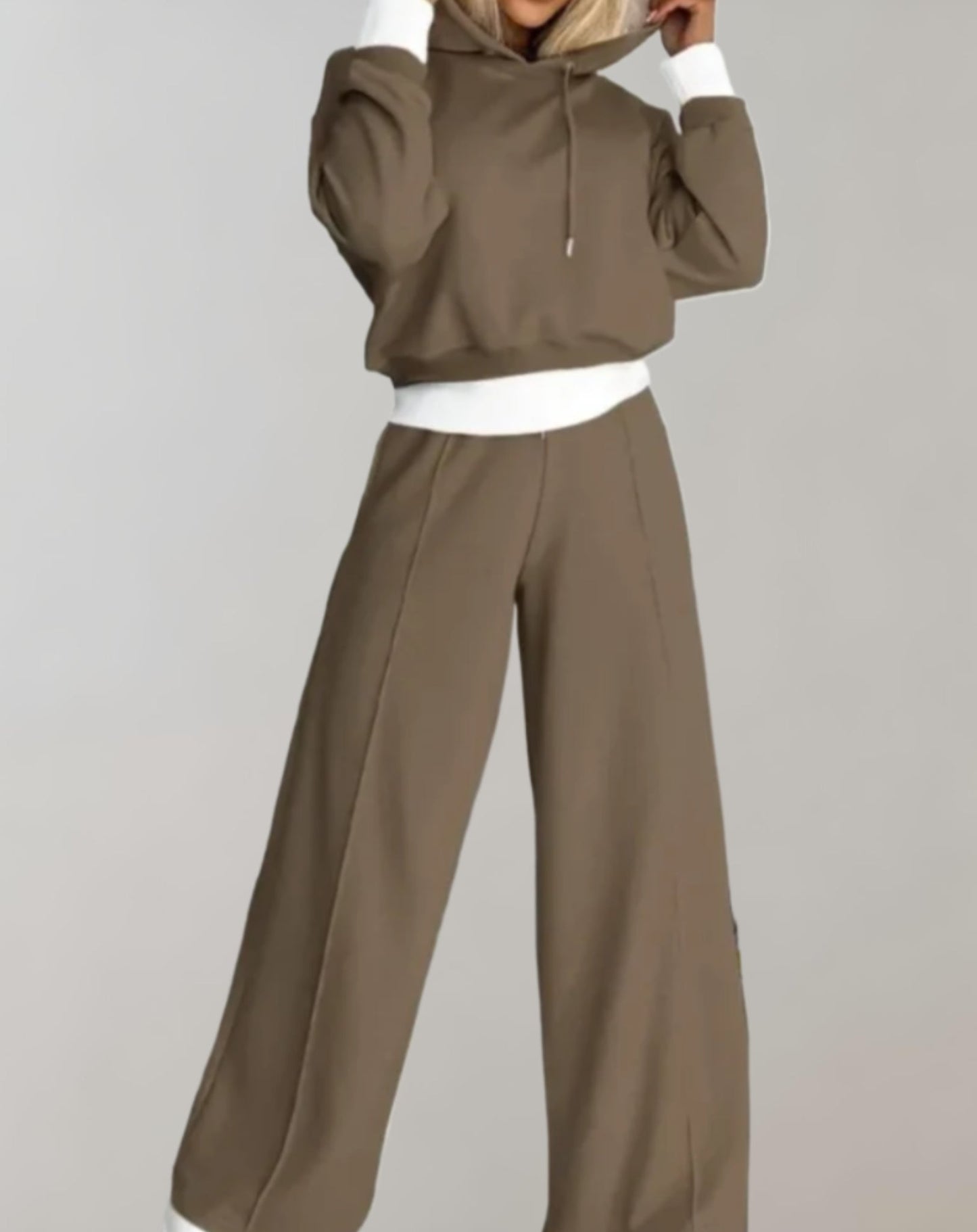 Ensemble femme deux pièces – Sweat-shirt court à capuche et pantalon large