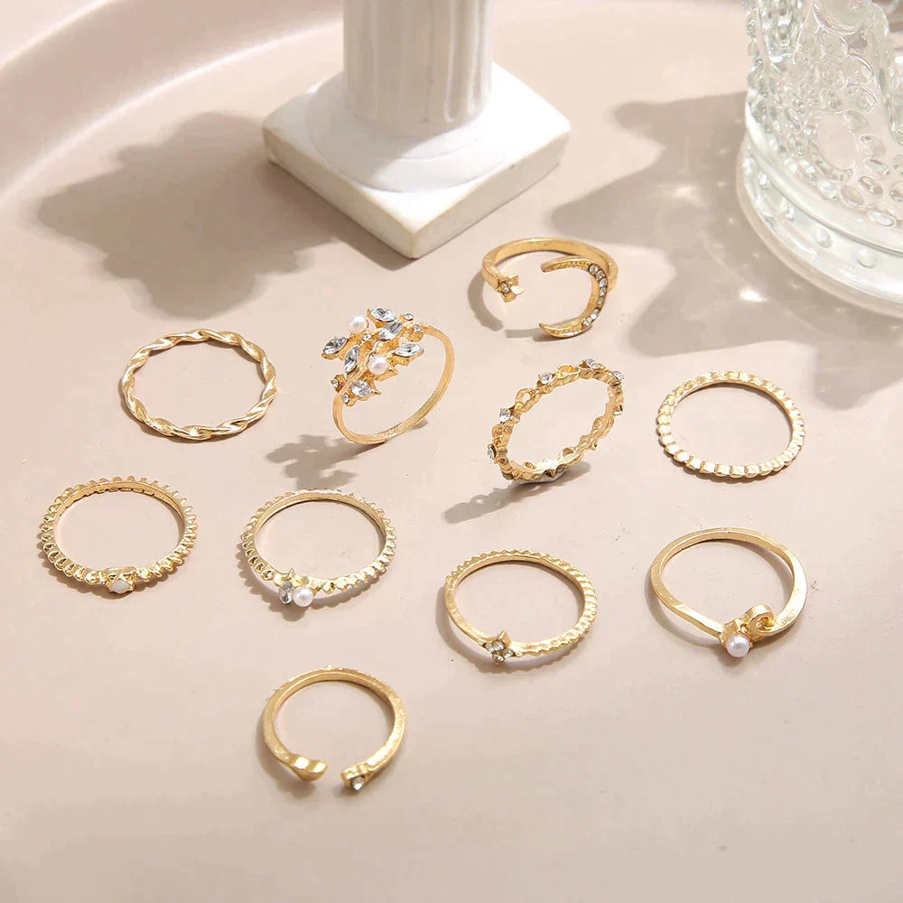 10 Paires de Bagues Boho en Argent et Or