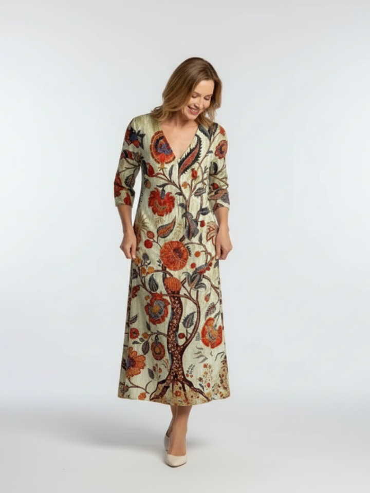 Corisande | Robe Midi Fleurie à Manches Longues et Col V