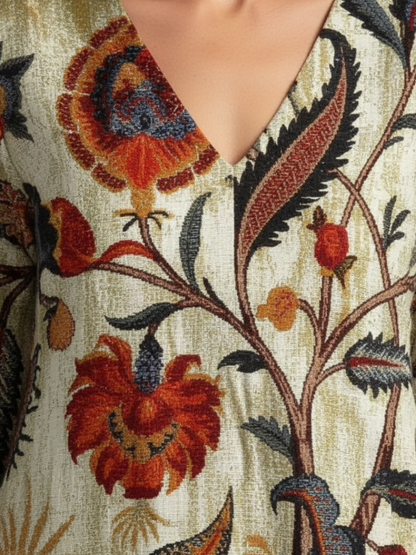 Corisande | Robe Midi Fleurie à Manches Longues et Col V