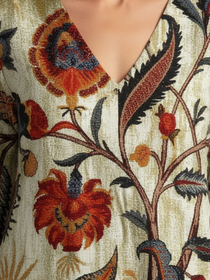 Corisande | Robe Midi Fleurie à Manches Longues et Col V