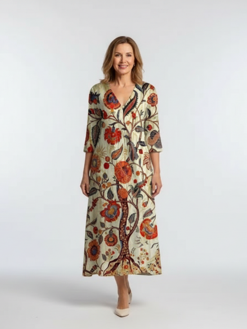 Corisande | Robe Midi Fleurie à Manches Longues et Col V