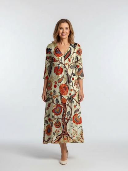Corisande | Robe Midi Fleurie à Manches Longues et Col V