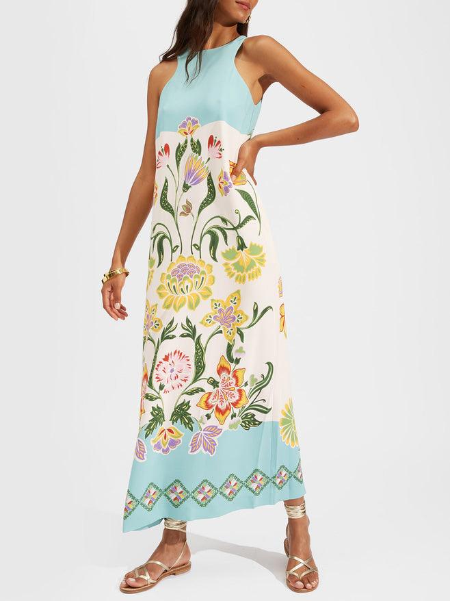 Ava | Robe midi sans manches à imprimé floral ensoleillé