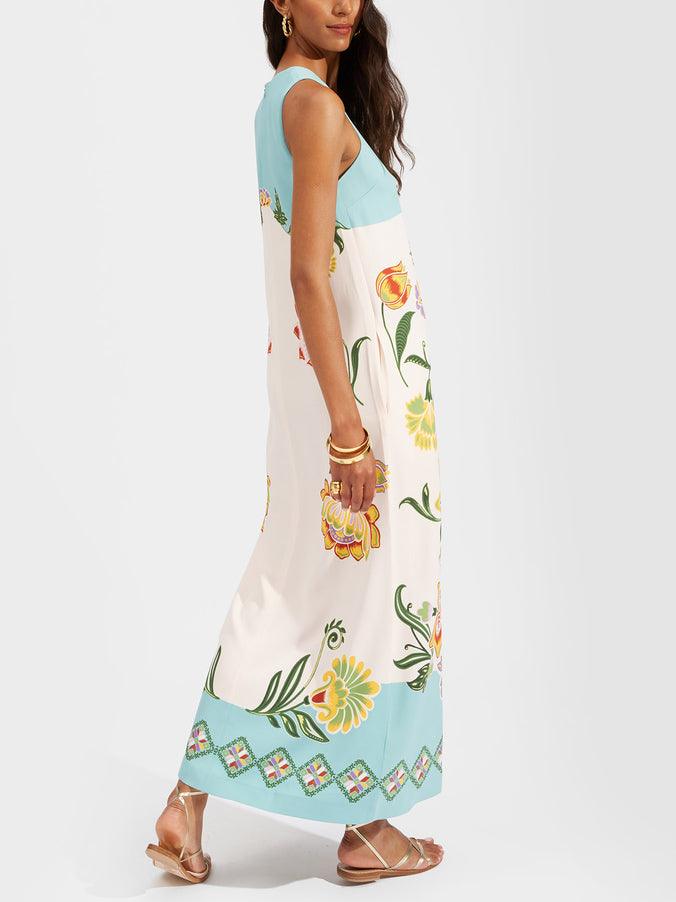 Ava | Robe midi sans manches à imprimé floral ensoleillé