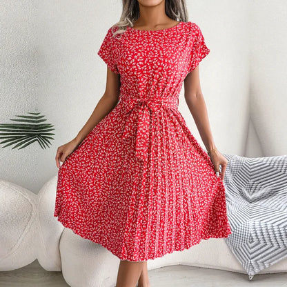 Robe Midi Plissée à Manches Courtes pour Femme avec Ceinture à la Taille