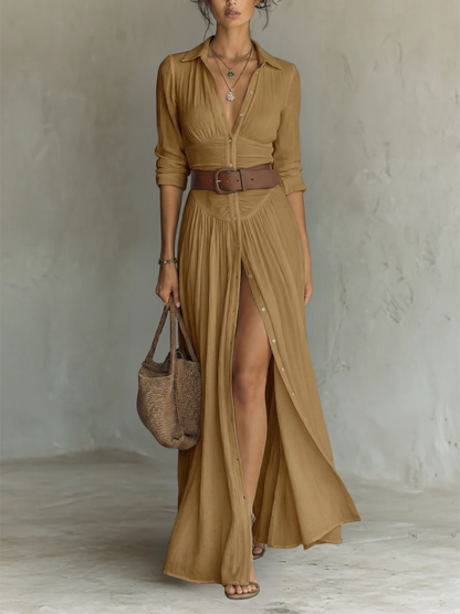 Robe Maxi Élégante avec Col Revers et Manches Longues en Lin-Coton