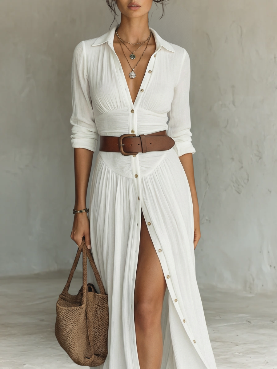 Robe Maxi en Lin Blanc Plissée