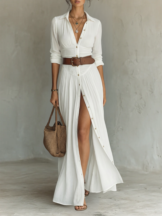 Robe Maxi en Lin Blanc Plissée