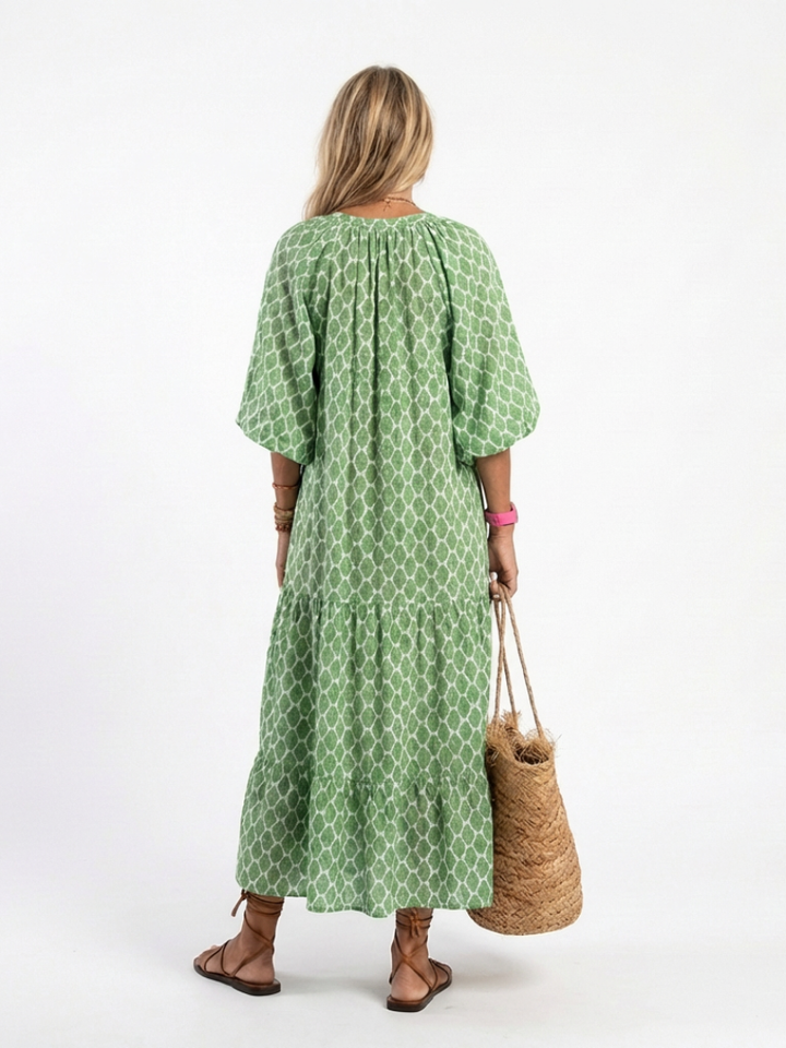 Apolline | Robe midi à manches trois quarts et décolleté en V à motifs