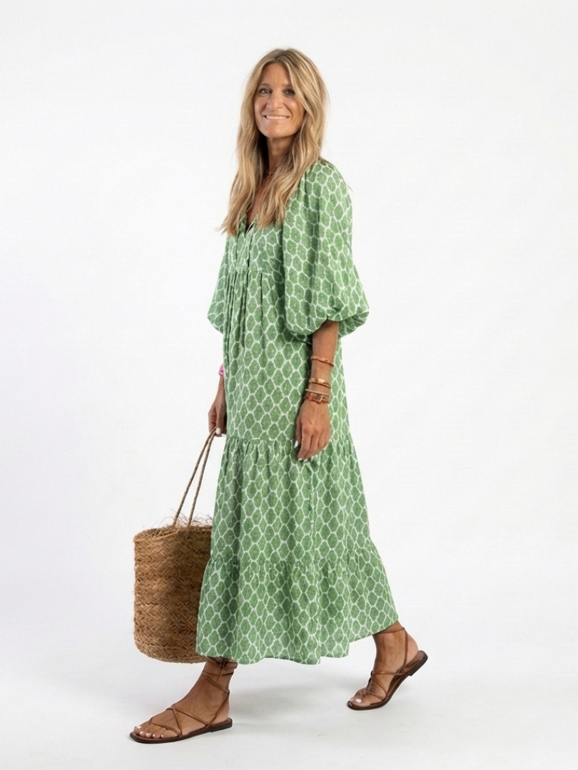 Apolline | Robe midi à manches trois quarts et décolleté en V à motifs