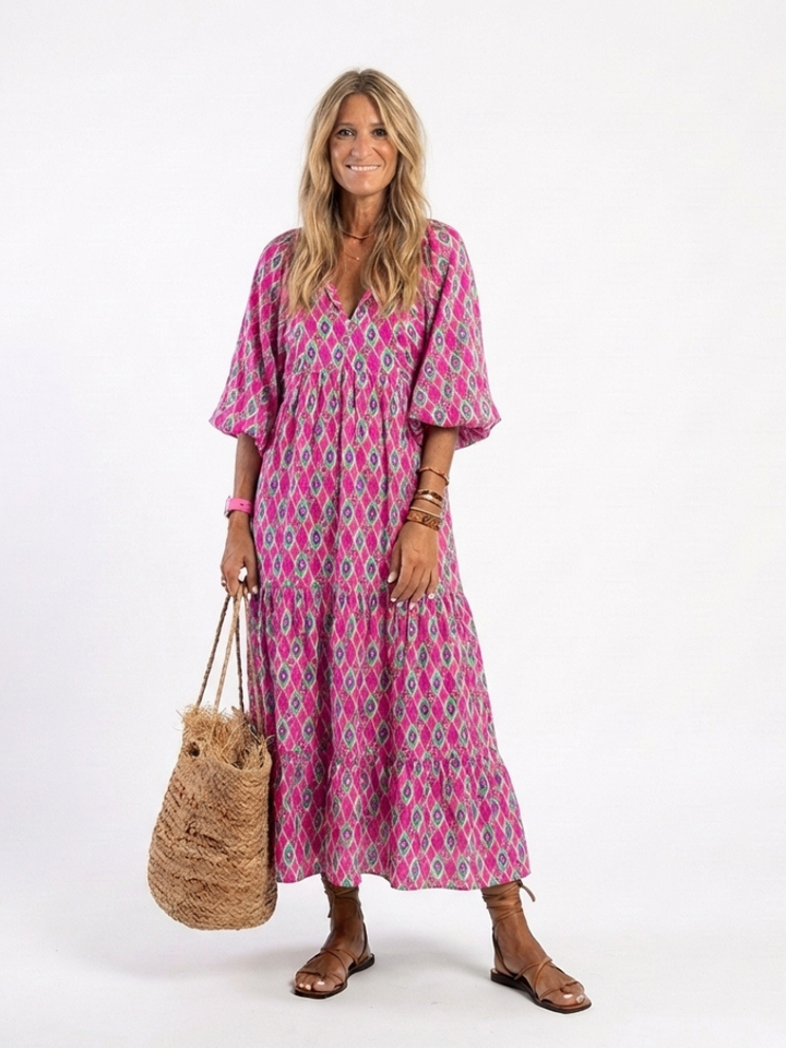 Apolline | Robe midi à manches trois quarts et décolleté en V à motifs