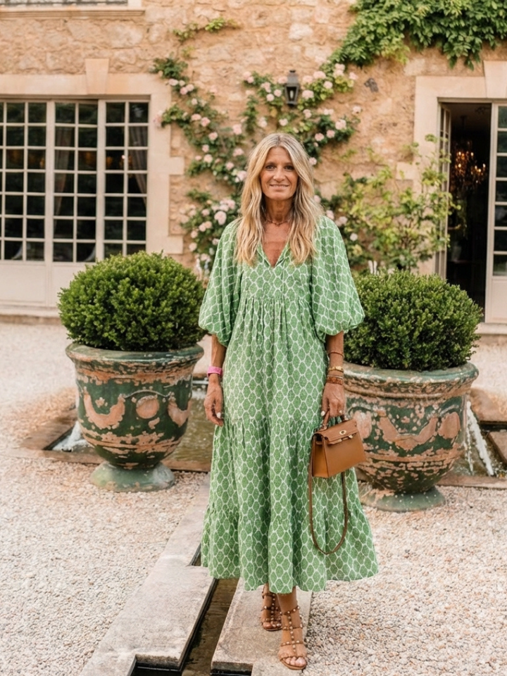Apolline | Robe midi à manches trois quarts et décolleté en V à motifs