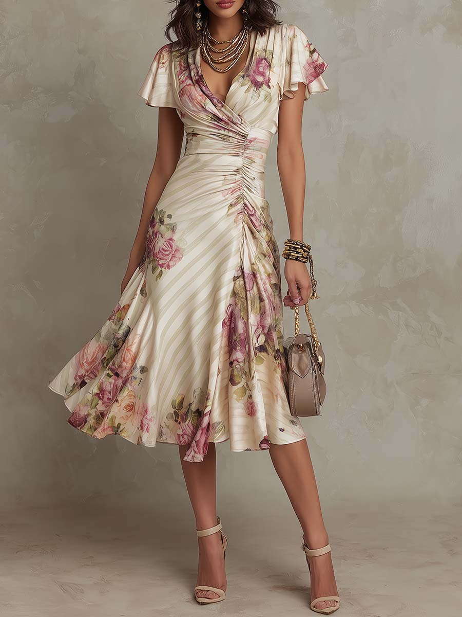 Alba | Robe Midi Élégante Drapée avec Fleurs